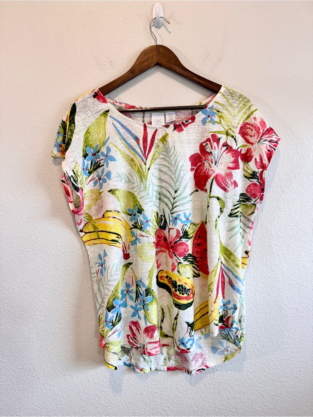 C&C California Tropical Floral Fruit Linen Top XL Coastal Resort Vacation J78